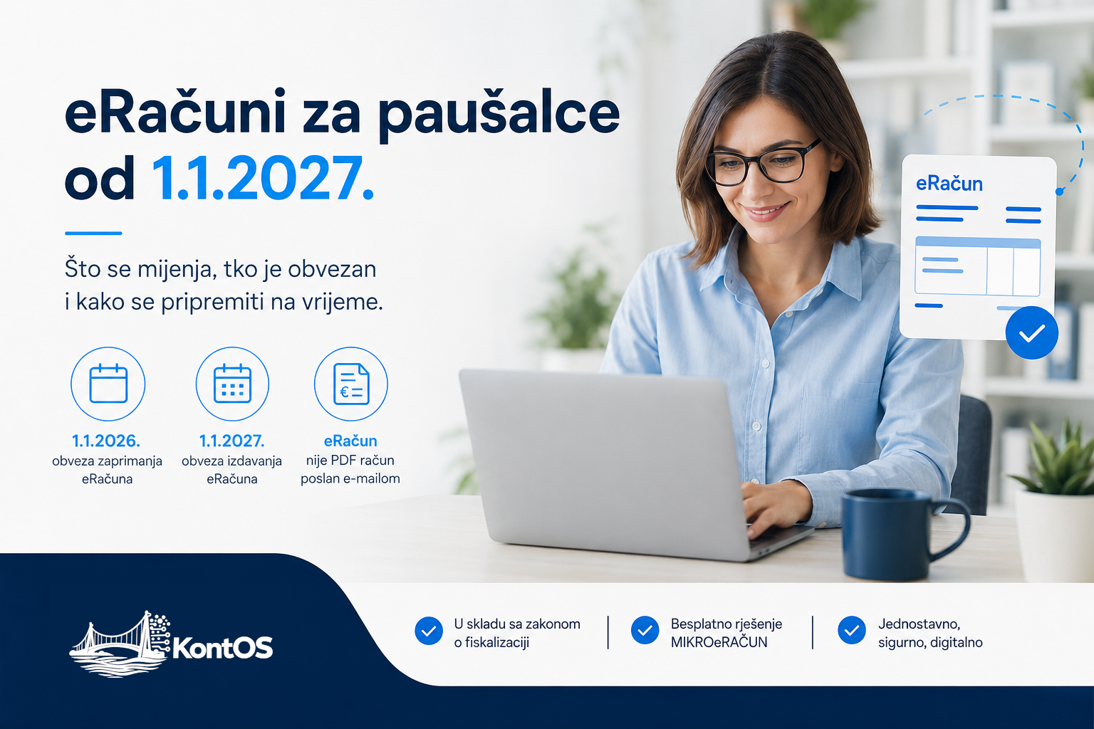 Poduzetnica radi na laptopu uz prikaz eRačuna i ključne datume obveze — 1.1.2026. zaprimanje, 1.1.2027. izdavanje eRačuna